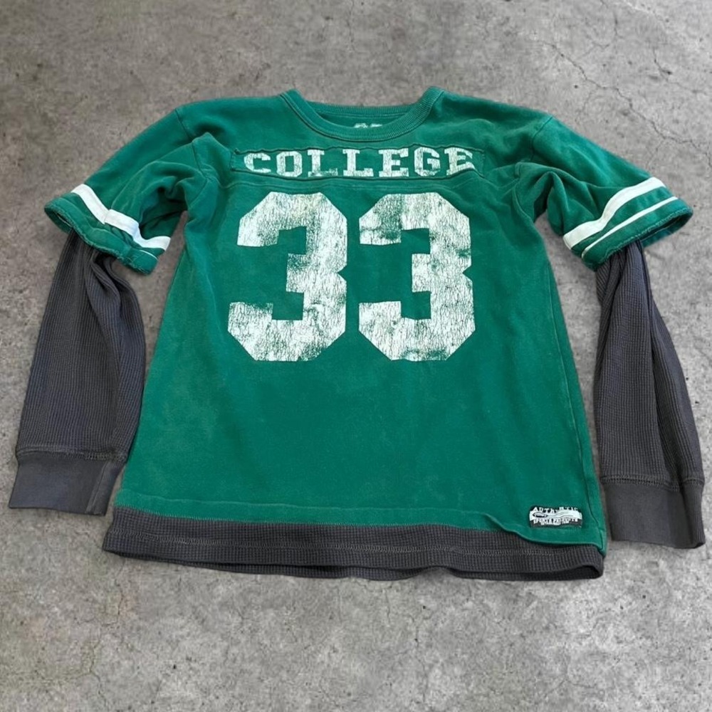 y2k oversized green and gray graphic layered waffle thermal long sleeve top xl